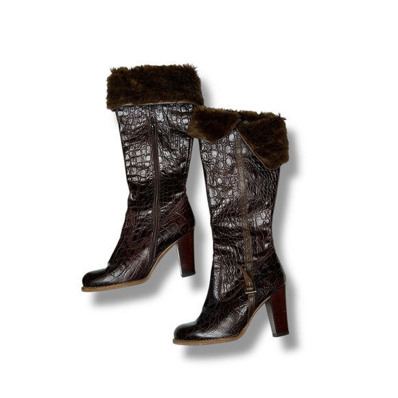 Charles David Embossed Leather brown Faux Fur Brown Boots 6 1/2 - Picture 1 of 15
